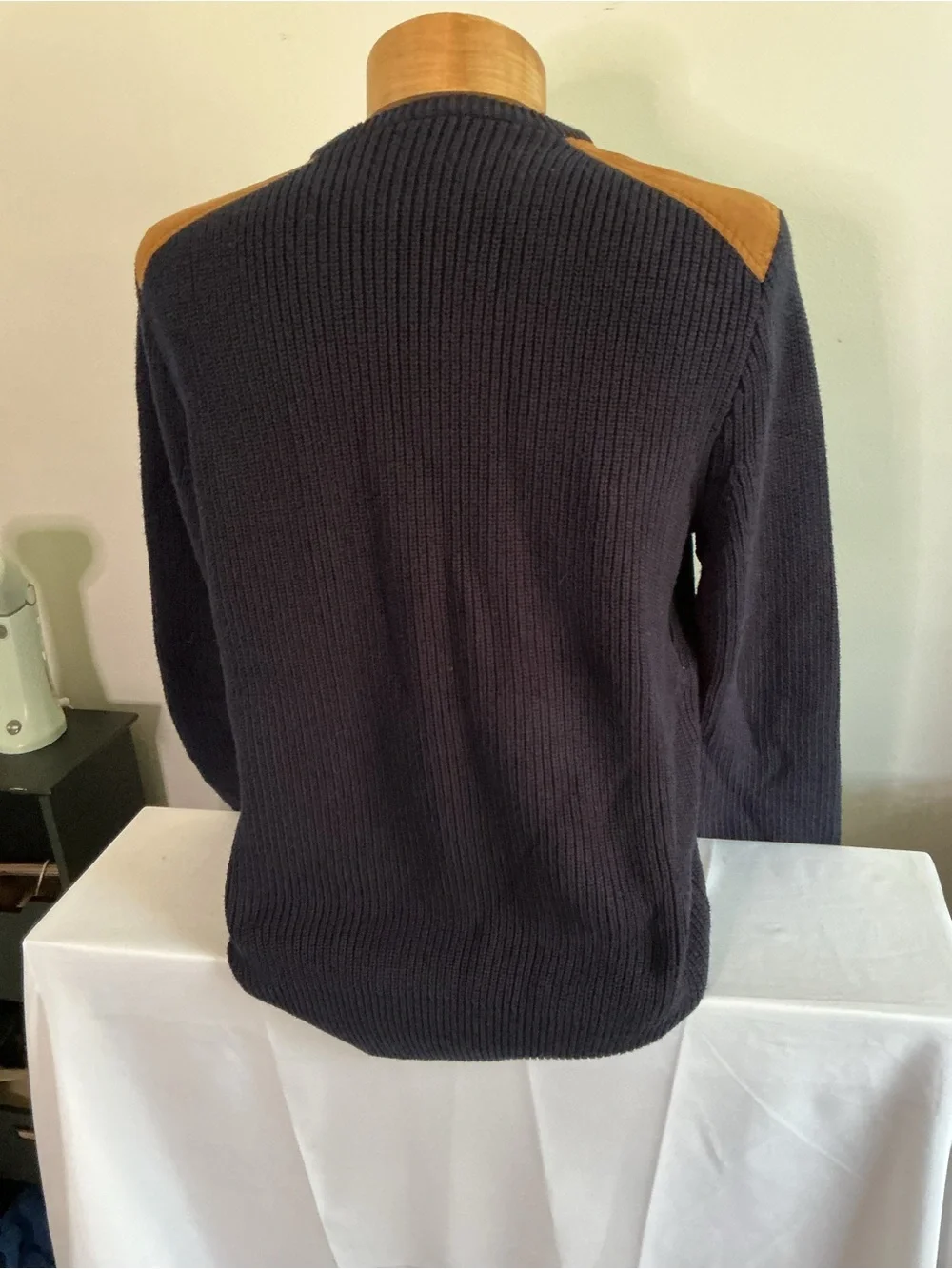 J. Crew Woodsman Navy Crewneck Sweater with Tan Shoulder Patches